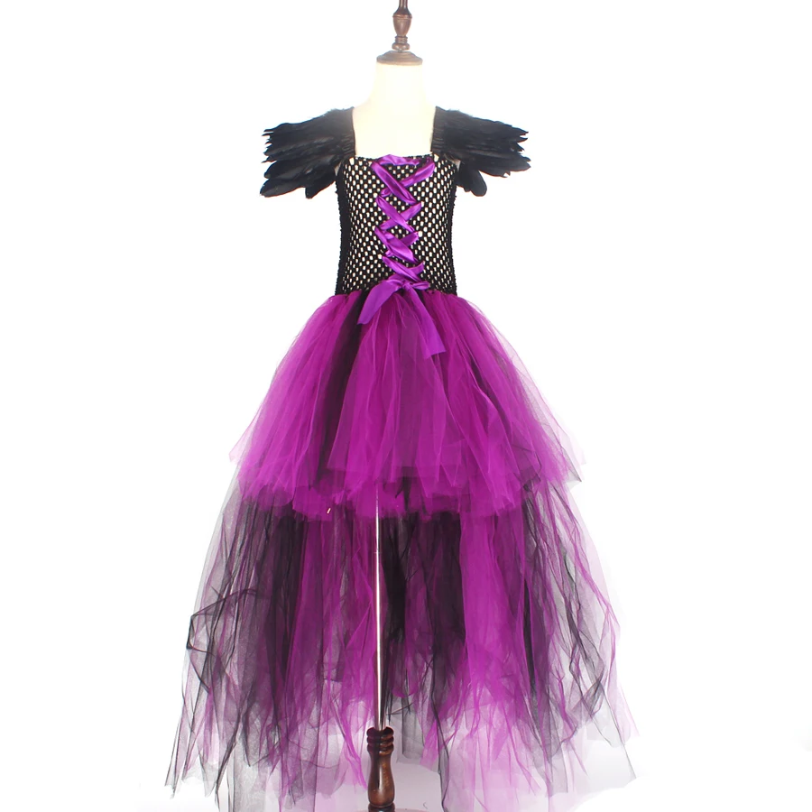Фиолетовый, черный Детский костюм малефисенты для девочек, темно-ведьма, злодей, Хэллоуин, вычурная юбка, платье вечернее праздничное карнавальное бальное платье