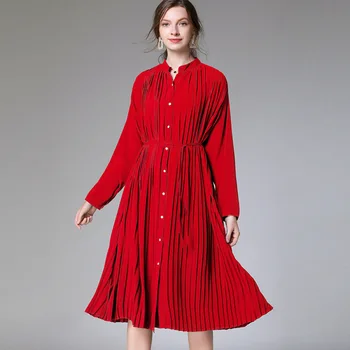 

Fashion Stand Collar Single Breasted Stitching Pleated Waist Elegant Dress 2020 Spring Simple Long Sleeve Slim Dress for Women