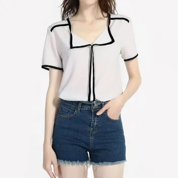 

Women's Loose Chiffon T-Shirt Casual Summer Lady Short Sleeve V-Neck Casual Solid Fresh Sweet Chiffon Shirt Blusas Pullover