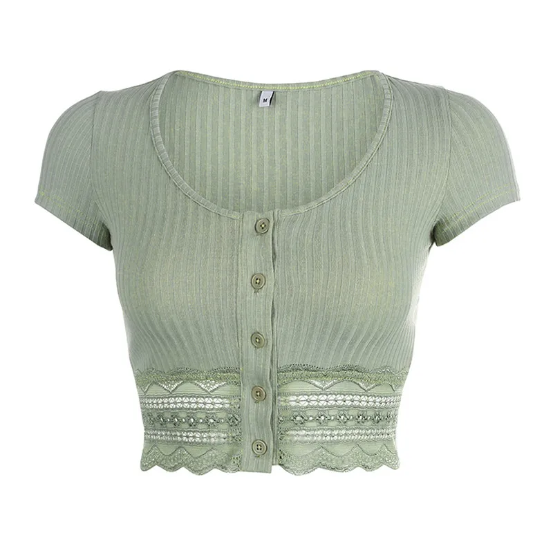 

Hirigin Sexy Button Short Top Women Ribbed Knit Korean Style Short Sleeve 2020 Casual Fashion Green Summer Tops Women