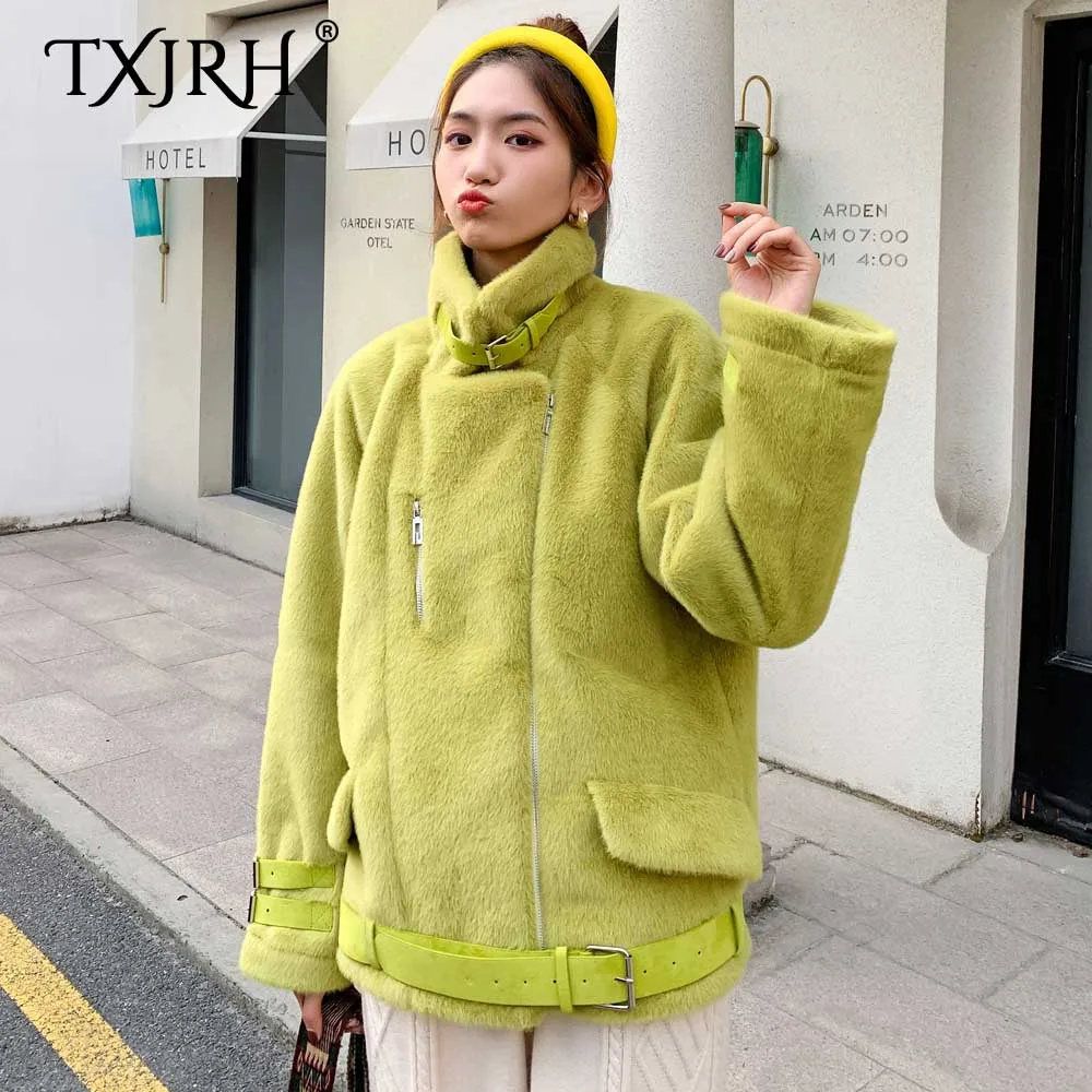 TXJRH, Корея, мохнатая куртка из искусственного меха норки с карманами, стоячий воротник, пальто с отворотом, женская теплая верхняя одежда с поясом, топы, 2 цвета