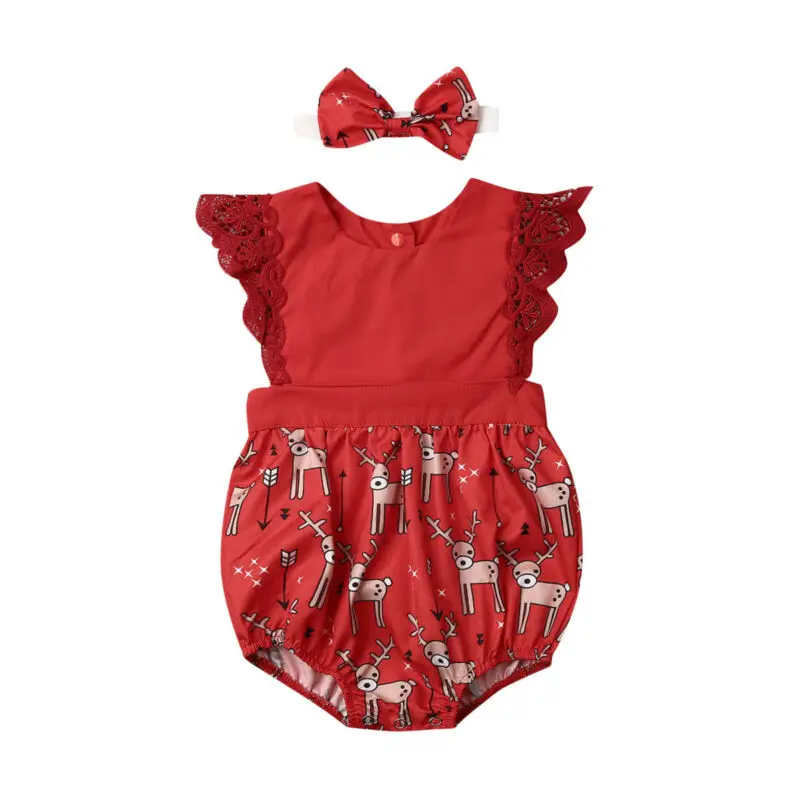 0-24M Christmas Baby Girl Red Rompers Newborn Infant Lace Cartoon Deer Jumpsuit Sleeveless Xmas Baby Girl Costumes Clothes