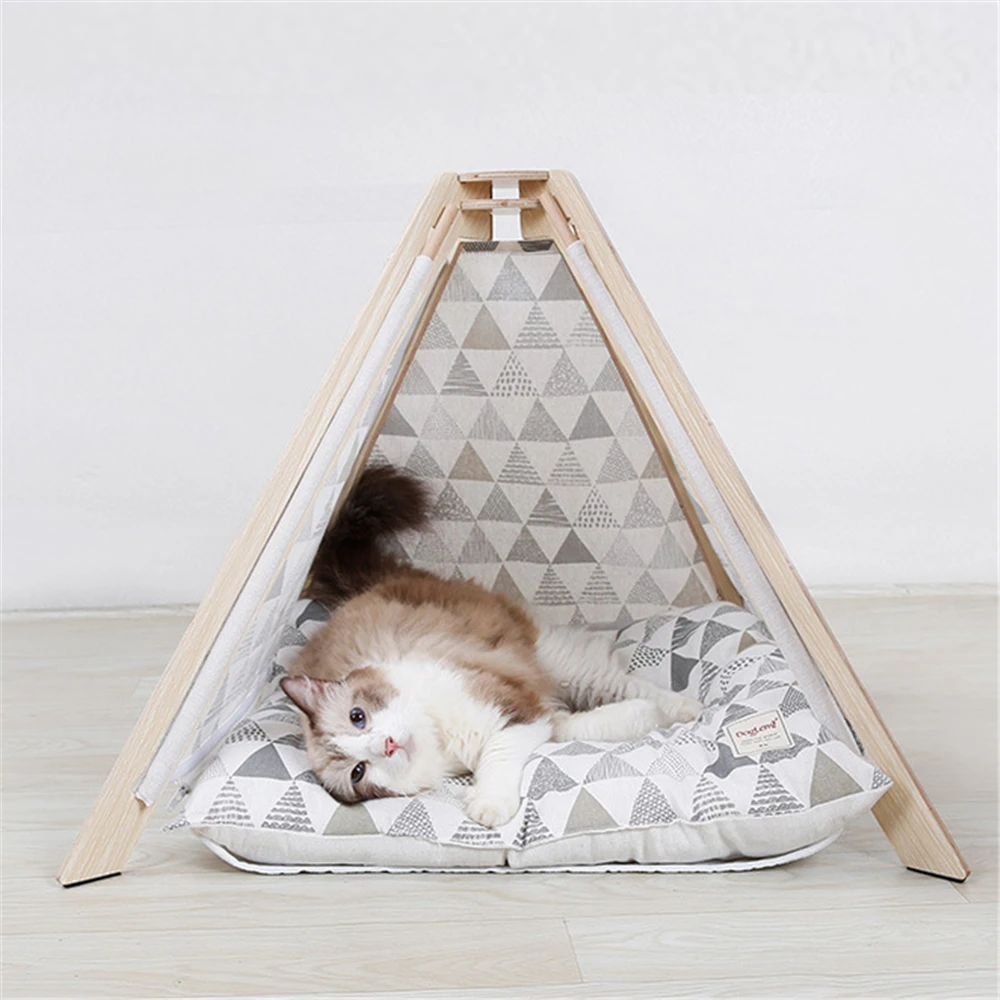 DIY Wooden Cat Tent Small Dog House Portable Pet Sleeping Bed for Kitten Mat with Soft Flax Cushion Simple Indoor Puppy Kennels | Дом и сад