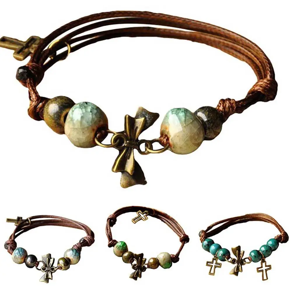 Ethnic Women Bow Cross Charm Ceramics Beaded Bracelet Handmade Jewelry Gift | Украшения и аксессуары