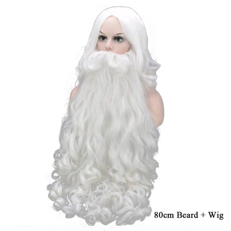 80cm Beard Wig Рождество Санта Клаус борода парик 60/80 см белые длинные вьющиеся синтетические волосы взрослых Косплэй костюм Рождественский подарок ролевая игра - Цвет: 80cm Beard Wig