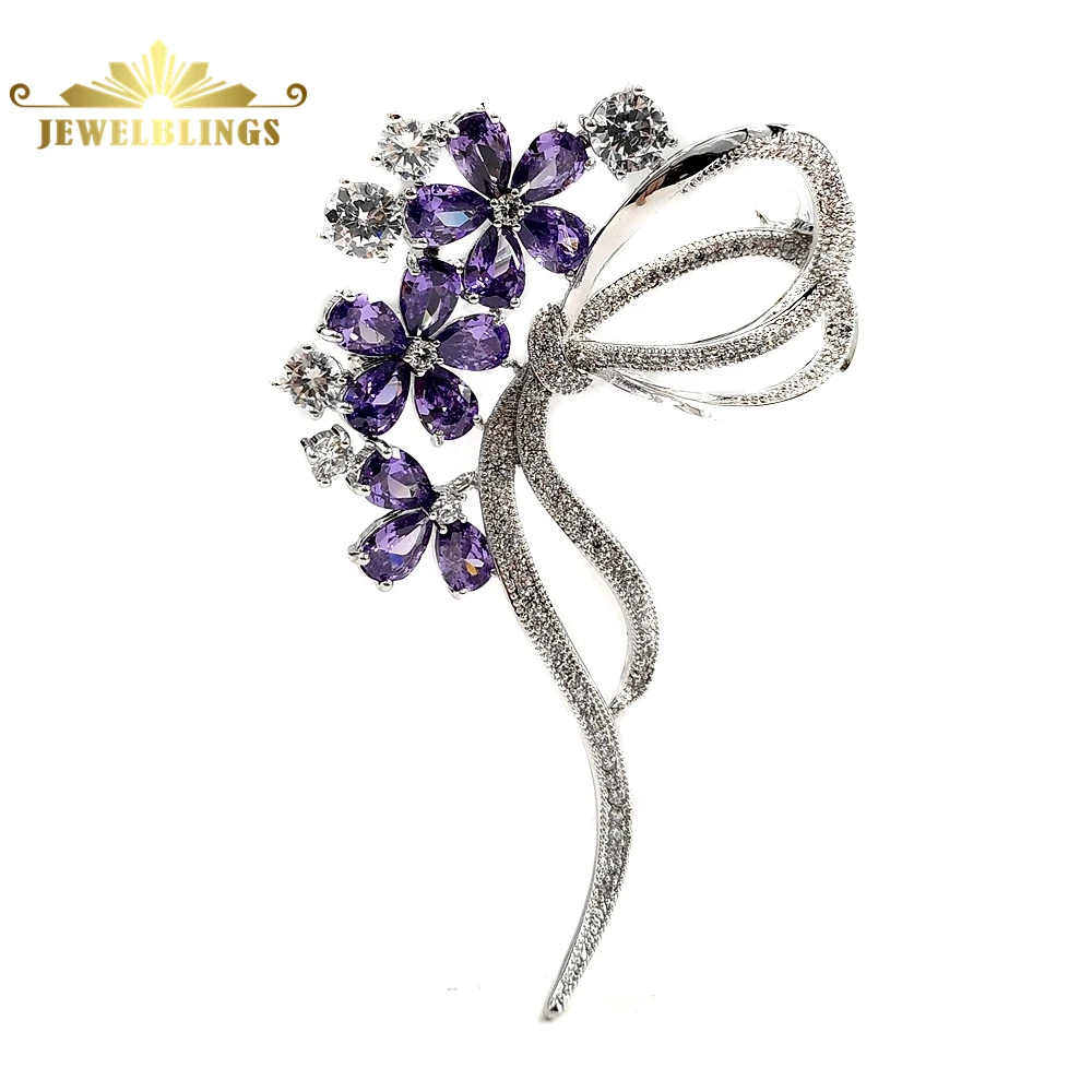 

Elegant Micro Pave CZ Two Ribbon Bow Triple Purple Flowers Brooches Silver Tone Bowknot Floral Pin Garden Party Dressy Jewelry