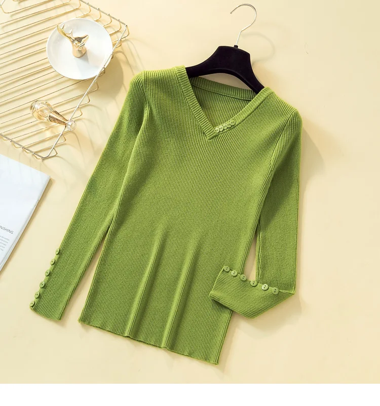 Весна-Осень, новые женские вязаные пуловеры с v-образным вырезом, тонкий базовый свитер, эластичные Джемперы, женский модный тонкий свитер