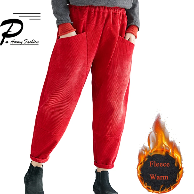 Супер теплый флис подкладка вельвет хип хоп шаровары брюки 2019 женские зимние