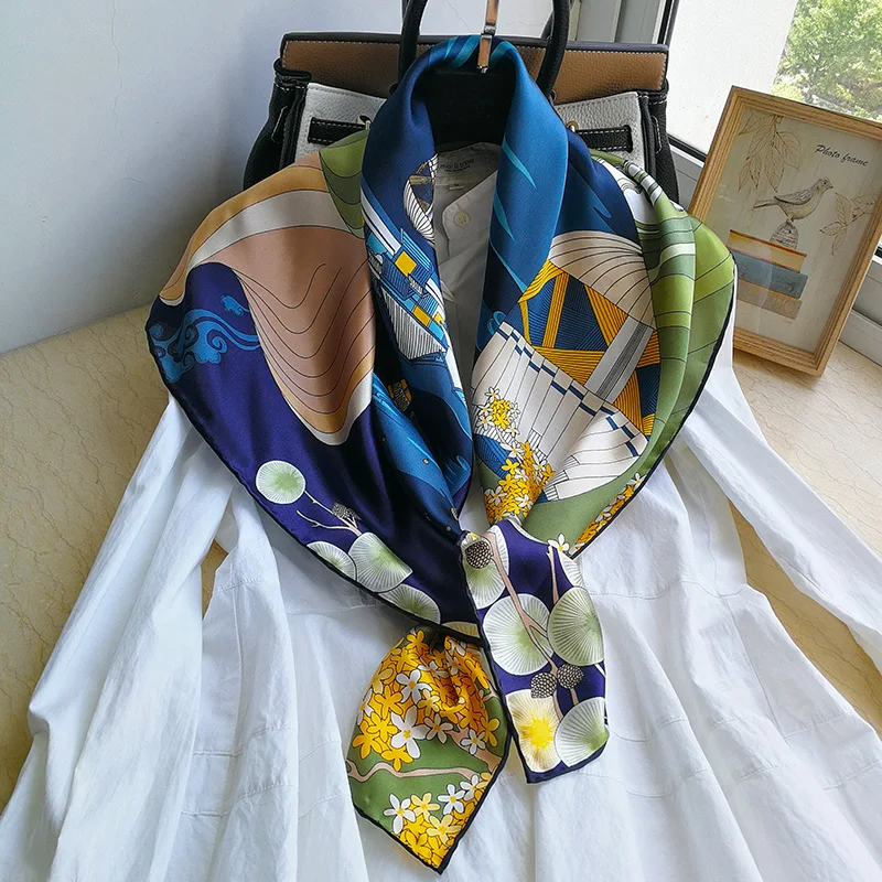 Women's 100% Pure Silk 12mm Printed Big Square Scarf Wrap Kerchief 88cm 34.5&quot WJ020 |