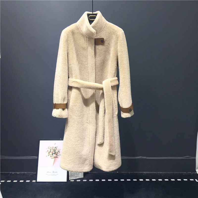 

X-long coat women clothes winter new arrival 2019 parka real sheep fur jacket with sashes outerwear thick warm stand collar