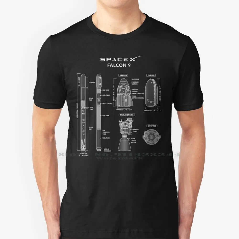 Falcon 9 Blueprint T Shirt Cotton 6Xl Falcon 9 Space X Elon Musk Rocket Blueprint Falcon Heavy Starlink Crew Dragon Spacex