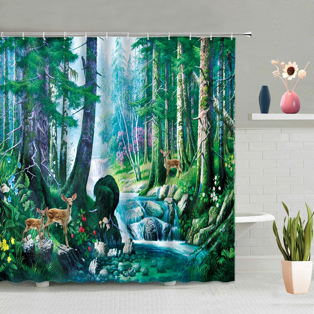 Tree Forest Deer Shower Curtain Bamboo Flowers Bird River Autumn