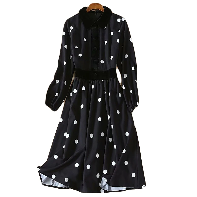 Runway High Quality Autumn New Women'S Fashion Party Casual Workplace Sexy Vintage Elegant Chic Stitching Velvet Dot Midi Dress - Цвет: Черный