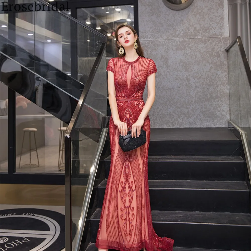 Erosebridal бургундское длинное платье для выпускного вечера с коротким рукавом на молнии сзади длинное торжественное платье со шлейфом вечерние Роскошные платья с бисером
