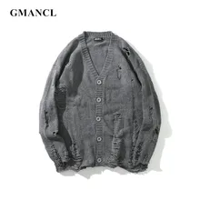 Осенний мужской дизайнерский кардиган с дырками, свитер уличная винтажная однотонная негабаритная теплая шерстяная Свободная трикотажная одежда