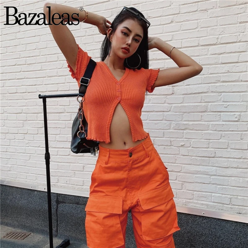 Bazaleas панк обрезанная футболка женская мода оранжевый вязаный кроп Топ кнопки в стиле ретро Женская Футболка harajuku Tee Прямая