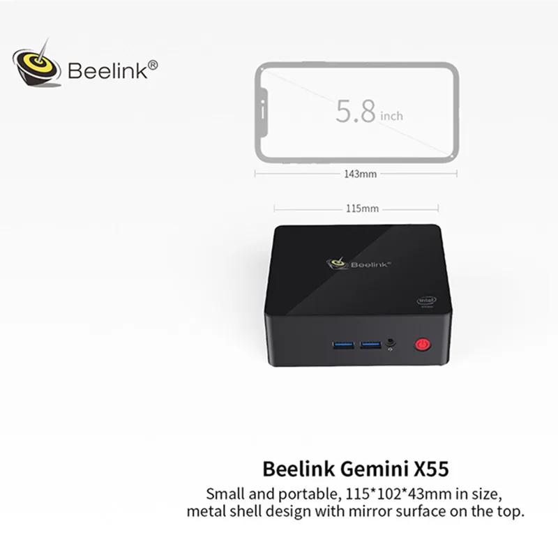 Мини-ПК Beelink Gemini X55 J5005 Windows 10 8GB LPDDR4 256/512GB 2,4 GHz+ 5GHz wifi 2* HDMI BT4.0 Поддержка Windows и Linux