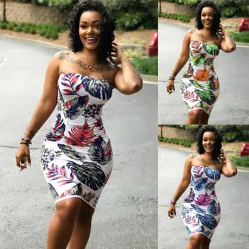 

Women Summer Sleeveless Dresss New Floral Printed Strapless Bodycon Party Cocktail Mini Dress Plus Size Wrap Chest Dresses S-3XL