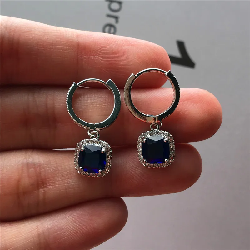 Fashion Female Pink Blue Zircon Stone Earrings Elegant Square Hoop Earrings For Women 925 Sterling Silver Wedding Earrings