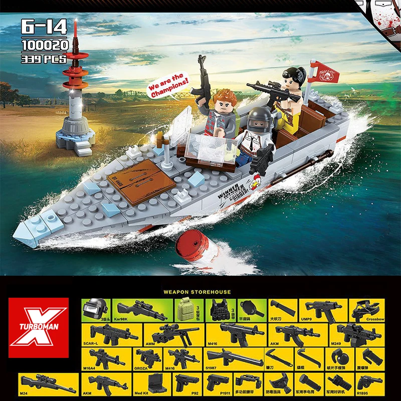 Современная военная игра pubg, строительные блоки, фигурки, скоростная лодка, оружие, пистолет в сборе, кирпичные игрушки для мальчиков