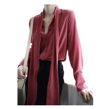 

NEW EQ 100% real silk women long sleeve blouses Elegant temperament bowknot big ribbon