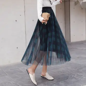 

Summer Plaid Pleated Skirt Fashion High Waist Women Skirts Multi-Layer Mesh Skirts