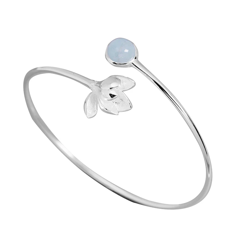 

Lotus Fun Real 925 Sterling Silver Natural Aquamarine Gemstone Handmade Fine Jewelry Magnolia Flower Bangle for Women Bijoux