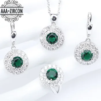 

Round Silver 925 Costume Jewelry Sets Women Green Zircon Wedding Rings Necklaces&Pendants Earrings With Stones Set Gift Box