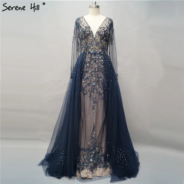 Navy blue Serene Hill Elegant Sexy V-Neck Long Sleeves Evening Dress Mermaid With Train Formal Party Gown Multiple Color CLA6571 - Цвет: Navy blue