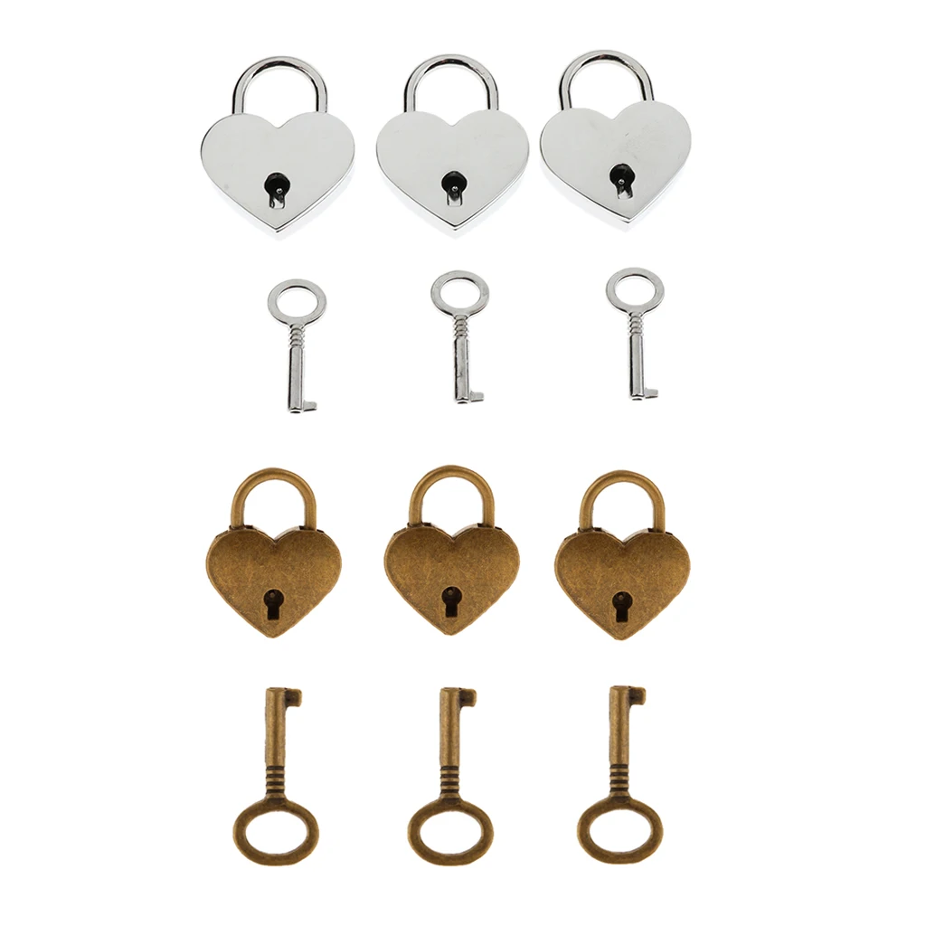 6x Mini Heart Shape Padlock With 6 Keys Suitcase Lock Silver&Antique Brass M