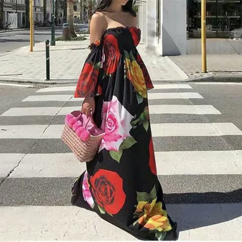 

women elegant tunic high waist elastic chiffon floral print off shoulder maxi dress bohemian beach long dresses vestidos floral