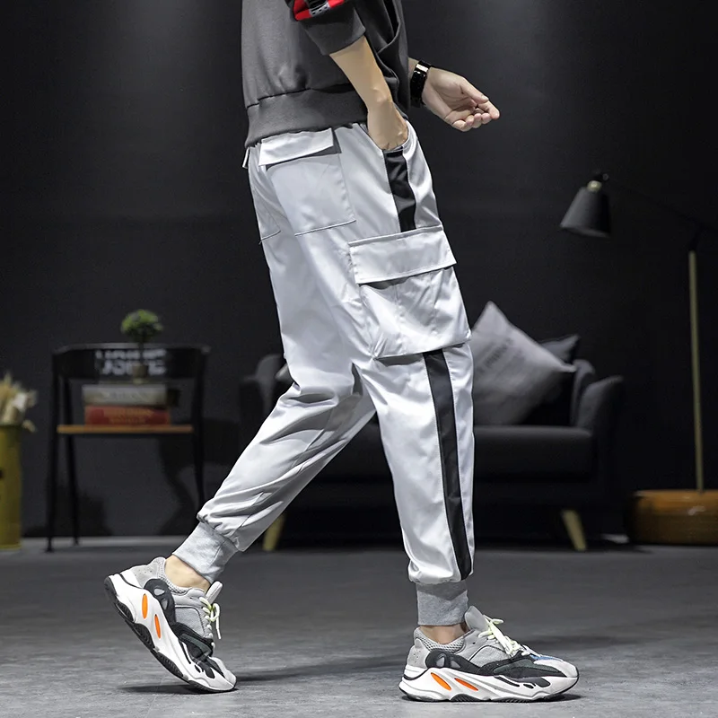 Новая мода оверсайз Streetwear уличная Мужская твердая карманная брюки с свободным досугом стежка эластичность большие сращивающиеся прямые брюки