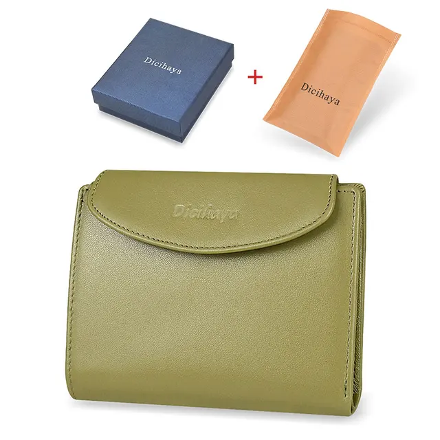 DICIHAYA Genuine Leather Women Wallet Coin Purse For Girls Female Small Portomonee Lady Purse Money Bag Card Holder Mini Clutch green with box