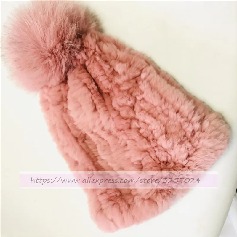 Peach pink Меховая шапка Magicfur, персиковый, розовый Настоящий мех кролика, вязаная шапка W, мягкая меховая помпон, теплая зимняя вязаная шапка для любви - Цвет: Peach pink