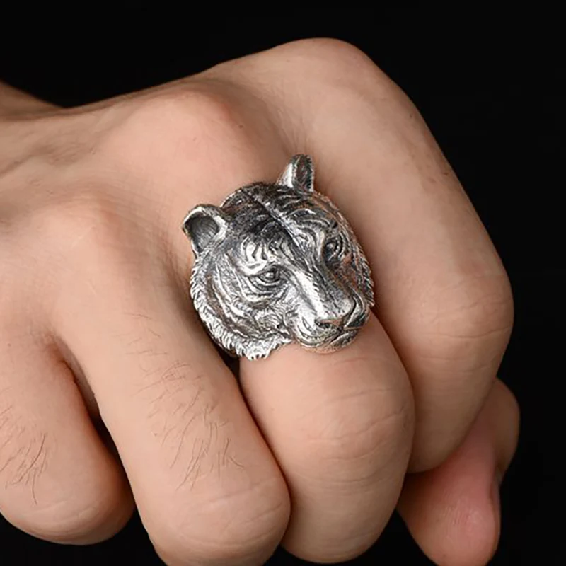 Настоящее твердое 925 пробы Серебряное кольцо с тигром для мужчин, 12 зодиакальное Ретро винтажное крутое большое мужское байкерское кольцо с животными, хорошее ювелирное изделие