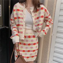 

Women Sweet Long Sleeve Two Piece Set Korean Single Breasted Cardigan and Flower Pattern High Waist Mini Skirt New Outfits Suit