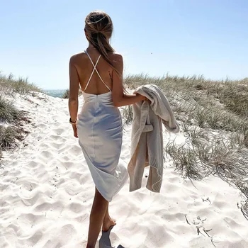 

Sexy Back Cross Satin High Split Dress White Low Collar Backless Summer Beach Dress 2020 Elegant Spaghetti Strap Midi Dresses
