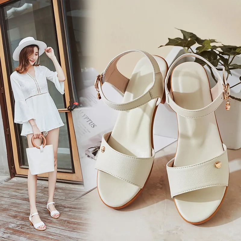 

2019 New Style Genuine Leather Soft Bottom Is Comfortable And WOMEN'S Shoes Mom Sandals Women's Summer Semi-high Heeled Fashion