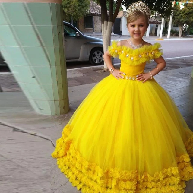 Vestidos de flores 3D amarillos para niñas, cuello de Joya, falda hinchada de cristal, vestido de fiesta de cumpleaños para niños pequeños, vestido de desfile niñas pequeñas _ - AliExpress Mobile