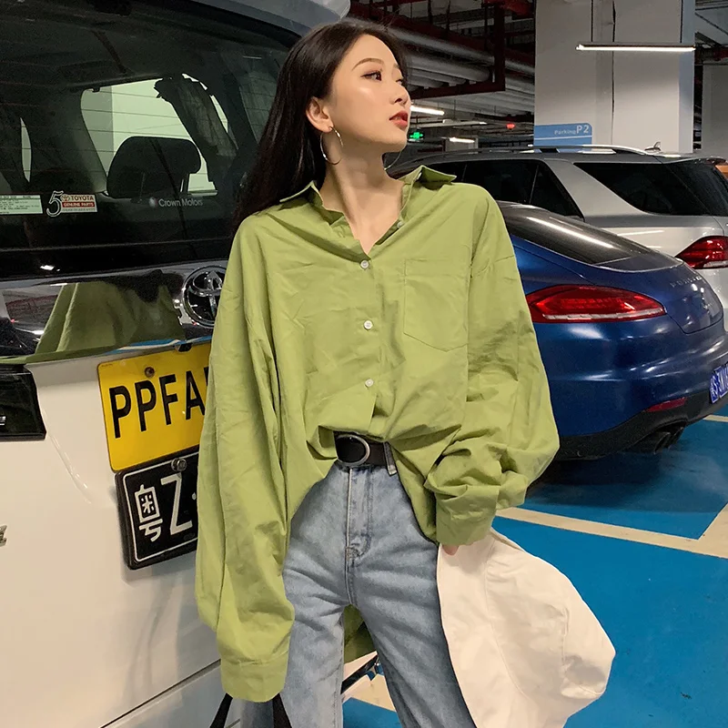 

Women candy color green Blouses BF oversize Long Shirts 2019 Autumn Spring Streetwear Long sleeve Women Tops Blouse Female
