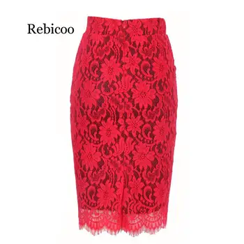 

Women Autumn Winter Red Sexy Party Floral Embroidery Lace Pencil Skirt Office Ladies High Waist Knee Length Vintage Midi Skirts