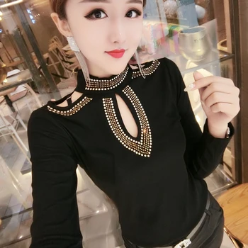 

Europe and the United States autumn new women's fashion heavy work beaded long-sleeved Slim T-shirt bottoming shirt