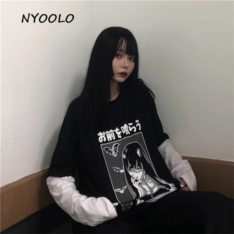 NYOOLO Harajuku стиль Манга Девушка японский с буквенным принтом топы Поддельные из двух частей Лоскутная футболка с длинными рукавами женская мужская одежда Топ