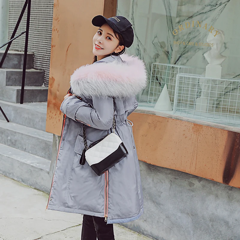 Женская зимняя куртка женская утепленная теплая пуховая куртка шапка из искусственного меха большие размеры зимние женские пуховики пальто высокого качества - Цвет: Серый