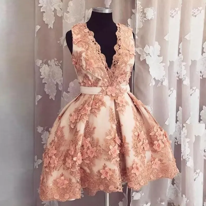 

2019 Sexy Deep V-Neck Sleeves A-Line Prom Dresses With 3D Flowers Adorned Short Formal Graduations Gowns Custom Homecoming Dress