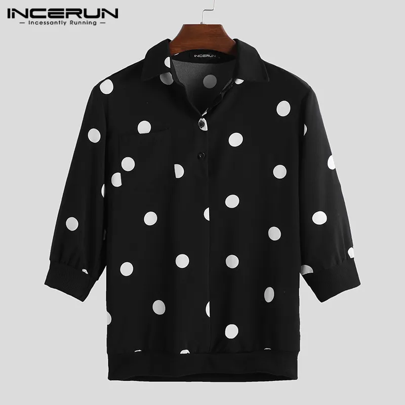 INCERUN Polka Dot Print Men Brand Shirt Lapel Neck Button Streetwear 3/4 Sleeve Camisa Stylish Business Casual Shirts Men