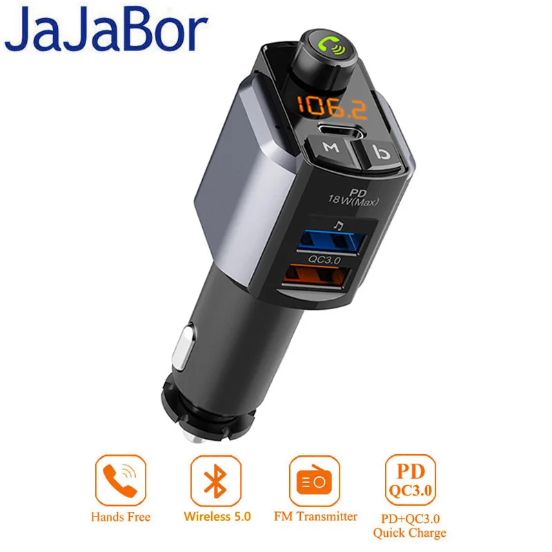 

JaJaBor FM Transmitter Bluetooth 5.0 Car Kit Handsfree Car MP3 Player Dual USB PD18W + QC3.0 Car Charger Support U Disk Playback