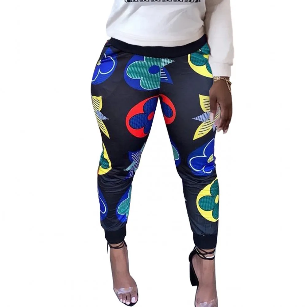 Fashion Casual Trousers Female Print Middle Waist Small Leg Trousers Spring Autumn New High Elastic Black Trousers Street Trend