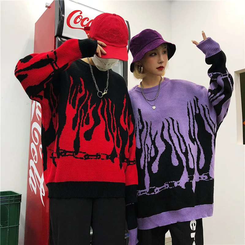 

Fall Winter Harajuku Flame Knit Bat Wing Sleeve Sweater Casual Long Women Tide Print Sweater Loose Boyfriend Pullover