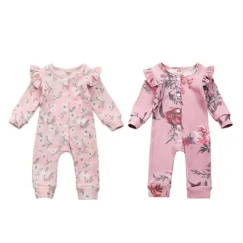 

Newborn Baby Girl Floral Romper Clothes Striped Print Long Sleeve Single Breasted Romper Jumpsuit Outfits Cotton